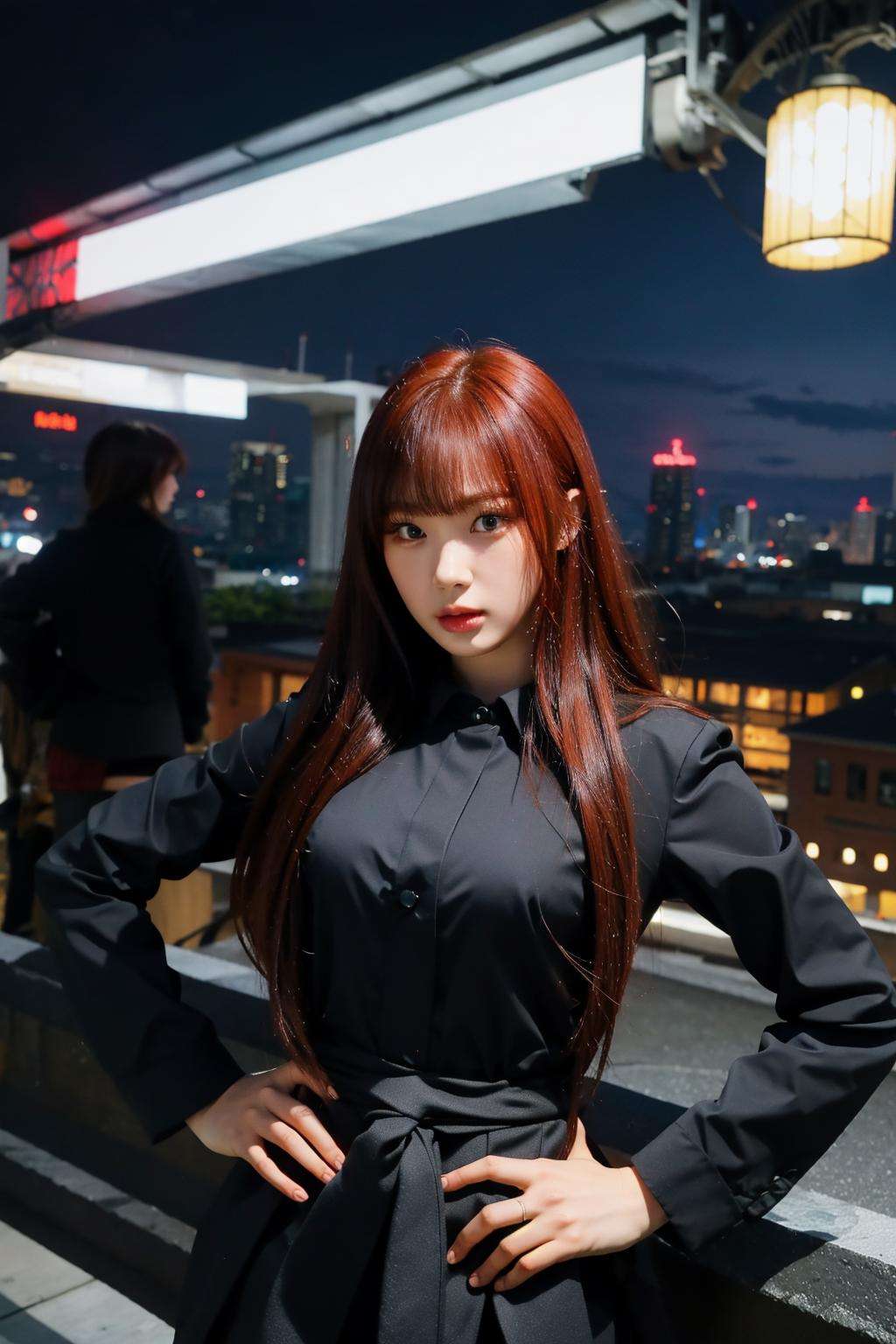 nikon RAW photo,8 k,Fujifilm XT3,close up photo, masterpiece, best quality, 1girl,solo,realistic, photorealistic, (extremely detailed face), ultra-detailed eyes and pupils, ultra detailed, red hair, bangs, serious expression, slender figure, standing against a city skyline at night, business suits,shirts,Suit skirt, <lora:gisellelorashy:0.85>