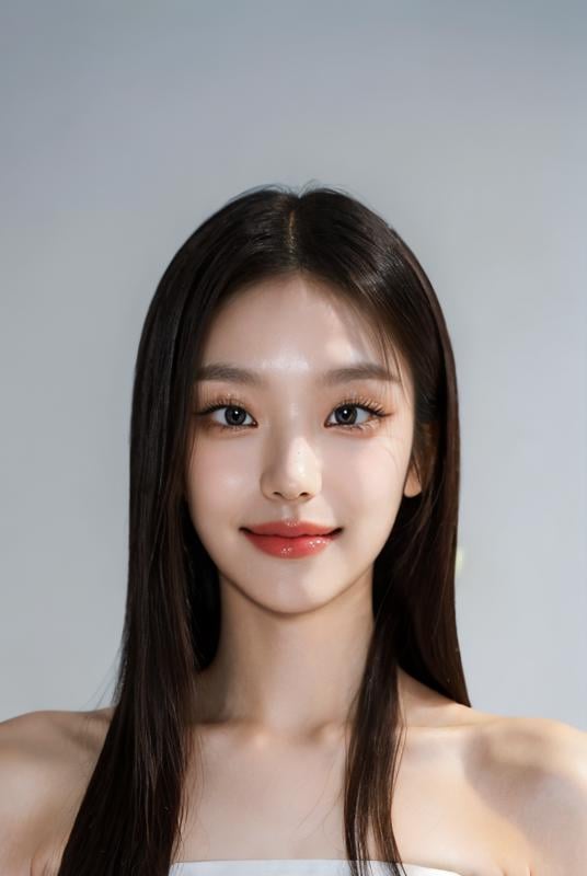 (masterpiece, top quality, best quality, (close-up photograph: 2), ((1girl)), korean, slim face, fair skin, (extremely detailed face), ((looking at viewer)),  (ultra-detailed eyes and pupils), ((bare pectorals)), ((bare chest)), ((tube dress)), bare head, (((bare shoulders))), symmetrical frame, (((strapless))), (((smile))), ((closed mouth)),  ((symmetrical pose)), (symmetrical face: 1.6), 35mm, minimal plain white background, direct lighting, long straight hair, bangs, no watermark <lora:yejilorashy:0.85>