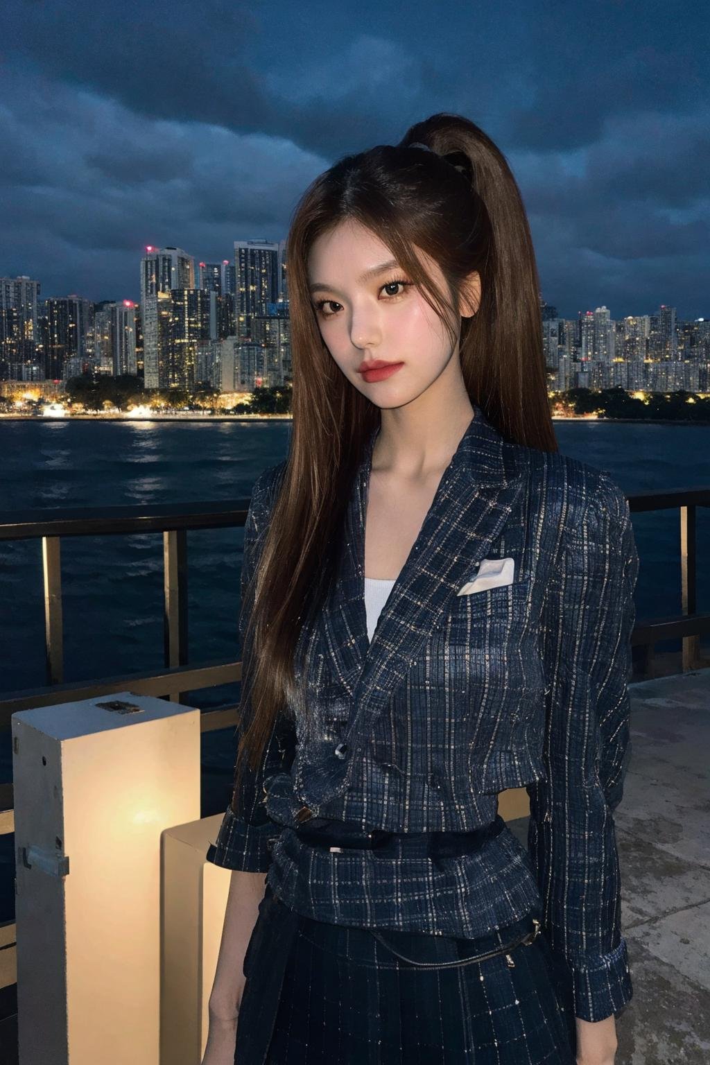 nikon RAW photo,8 k,Fujifilm XT3,close up photo, masterpiece, best quality, 1girl,solo,realistic, photorealistic, (extremely detailed face), ultra-detailed eyes and pupils, ultra detailed, high ponytail, serious expression, slender figure, standing against a city skyline at night, business suits,shirts,Suit skirt, <lora:yejilorashy:1>