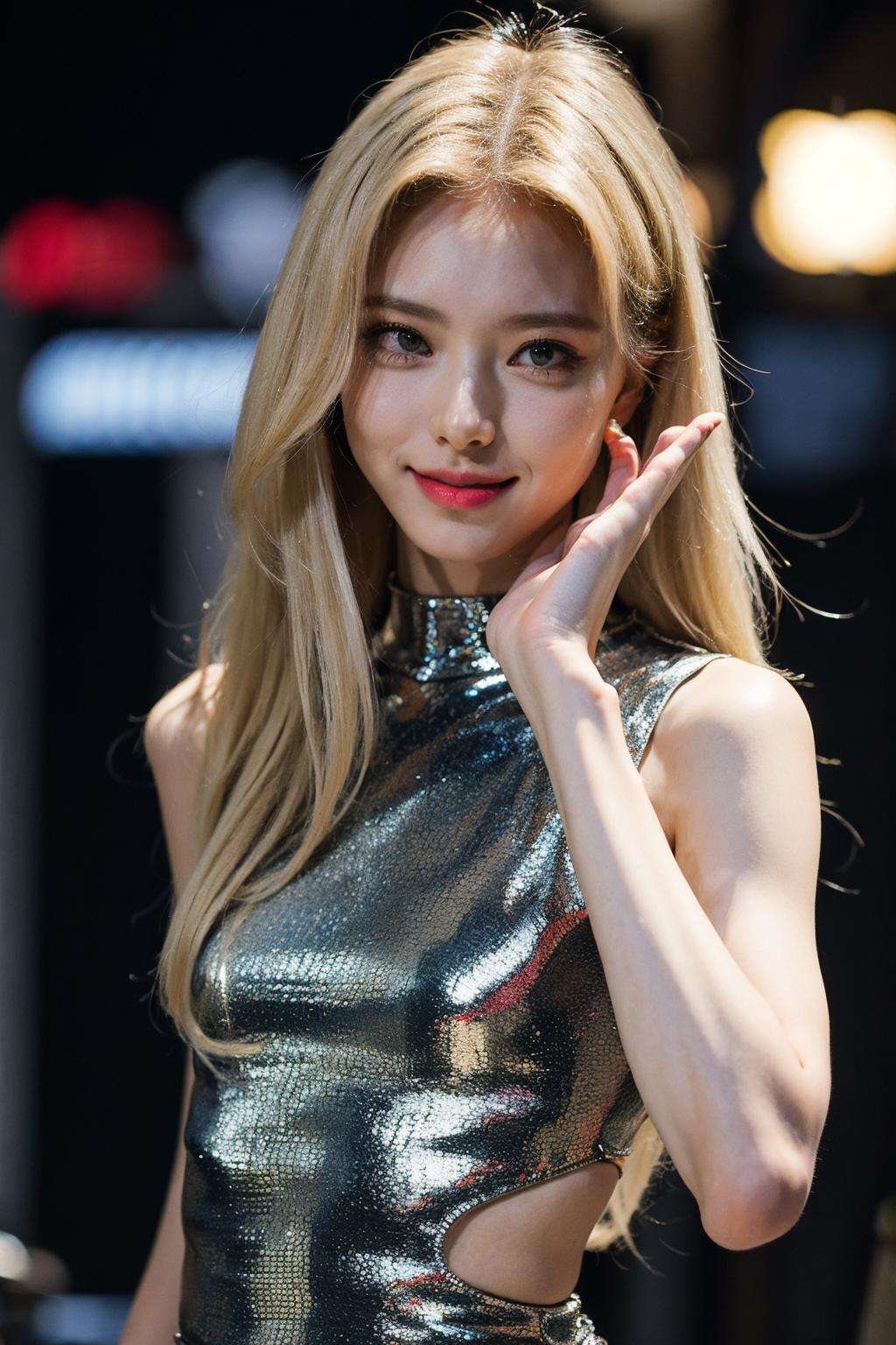 8k, close up photo, masterpiece, best quality, 1girl,solo,realistic, photorealistic, (extremely detailed face), (ultra-detailed eyes and pupils), ultra detailed, serious expression, slender figure, standing against a city skyline at night, tight dress, sleeveless, tiny waist, big hip, smile, blonde hair, holding can, perfect finger, perfect hands, <lora:yunalorashy:1>