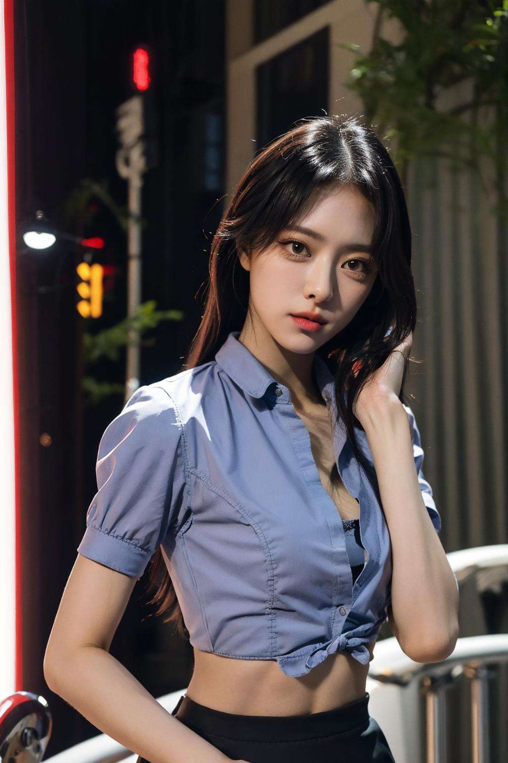 nikon RAW photo,8 k,Fujifilm XT3,close up photo, masterpiece, best quality, 1girl,solo,realistic, photorealistic, abs, (extremely detailed face), (looking at viewer), ((night)),  (ultra-detailed eyes and pupils), ultra detailed,  serious expression, slender figure, ((standing against a city at night)), dress,shirts,Suit skirt, arms arms behind back, perfect hands, <lora:yunalorashy:1>