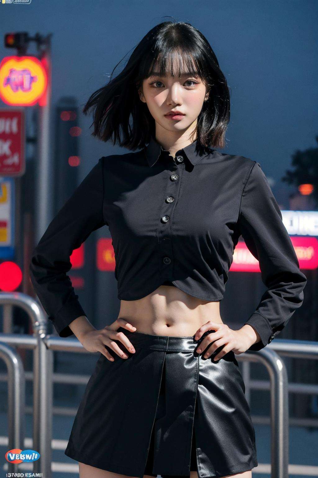 nikon RAW photo,8 k,Fujifilm XT3,close up photo, masterpiece, best quality, 1girl,solo,realistic, photorealistic, (extremely detailed face), ultra-detailed eyes and pupils, ultra detailed, serious expression, slender figure, standing against a city skyline at night, short hair, business suits,shirts,Suit skirt, ((abs)), <lora:chaewonlorashy:1>