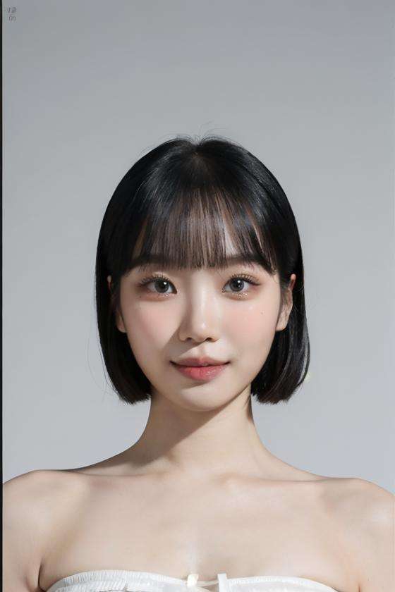 (masterpiece, top quality, best quality, (close-up photograph: 2), ((1girl)), korean, slim face, fair skin, (extremely detailed face), ((looking at viewer)), (ultra-detailed eyes and pupils), ((bare pectorals)), ((bare chest)), ((tube dress)), bare head, ((bare shoulders)), symmetrical frame, ((strapless)), (((smile))), ((closed mouth)), ((symmetrical pose)), (symmetrical face: 1.6), 35mm, minimal plain white background, direct lighting, short hair, no watermark <lora:chaewonlorashy:0.85>