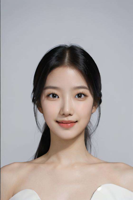 (masterpiece, top quality, best quality, (close-up photograph: 2), ((1girl)), korean, slim face, fair skin, (extremely detailed face), ((looking at viewer)), (ultra-detailed eyes and pupils), ((bare pectorals)), ((bare chest)), ((tube dress)), bare head, ((bare shoulders)), symmetrical frame, ((strapless)), (((smile))), ((closed mouth)), ((symmetrical pose)), (symmetrical face: 1.6), 35mm, minimal plain white background, direct lighting, long straight hair, no watermark <lora:kazuhalorashy:0.85>