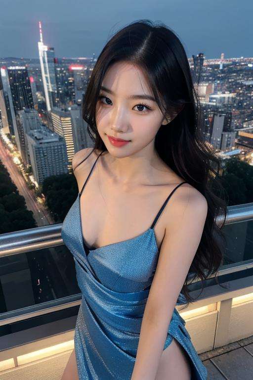 nikon RAW photo,8 k,Fujifilm XT3,close up photo, masterpiece, best quality, 1girl,solo,realistic, photorealistic, (extremely detailed face), ultra-detailed eyes and pupils, ultra detailed, serious expression, slender figure, standing against a city skyline at night, tight dress, sleeveless, tiny waist, big hip, smile, <lora:kazuhalorashy:0.85>