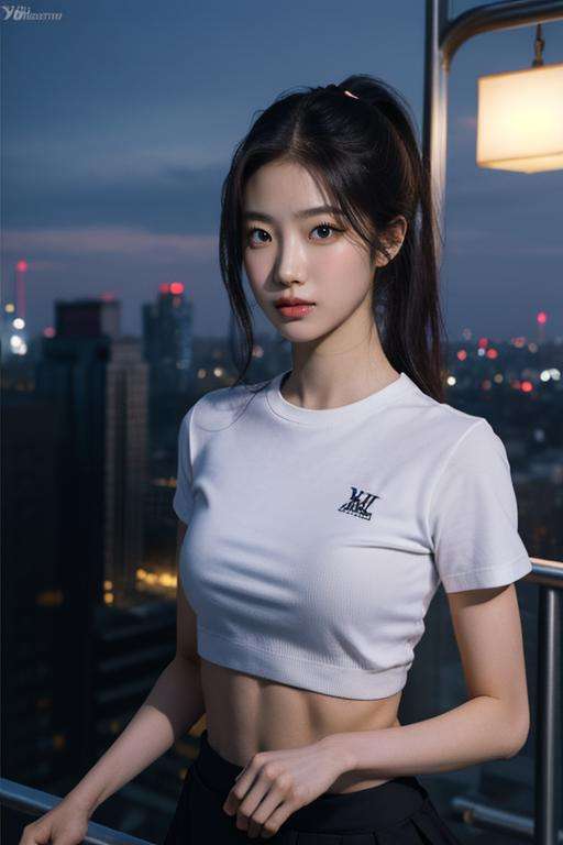 nikon RAW photo,8 k,Fujifilm XT3,close up photo, masterpiece, best quality, 1girl,solo,realistic, photorealistic, (extremely detailed face), ultra-detailed eyes and pupils, ultra detailed, high ponytail, serious expression, slender figure, standing against a city skyline at night, business suits,shirts,Suit skirt, ((abs)), <lora:kazuhalorashy:0.85>