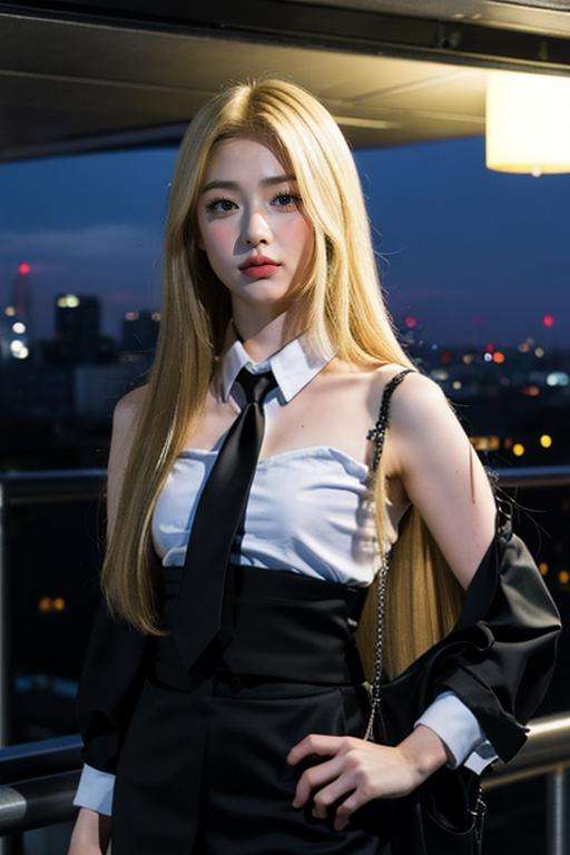 nikon RAW photo,8 k,Fujifilm XT3,close up photo, masterpiece, best quality, 1girl,solo,realistic, photorealistic, (extremely detailed face), ultra-detailed eyes and pupils, ultra detailed, serious expression, blonde hair, slender figure, standing against a city skyline at night, ((business suits)),shirts,Suit skirt,  <lora:yunjinlorashy:1>