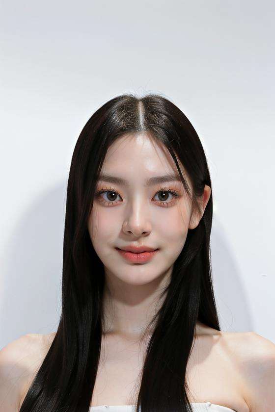 (masterpiece, top quality, best quality, (close-up photograph: 2), ((1girl)), korean, slim face, fair skin, (extremely detailed face), ((looking at viewer)), (ultra-detailed eyes and pupils), (ultra-detailed eyelashes) ((bare pectorals)), ((bare chest)), ((tube dress)), bare head, ((bare shoulders)), symmetrical frame, (((strapless))), ((smile)),  ((symmetrical pose)), (symmetrical face: 1.6), 35mm,  (((white studio background))), direct lighting, no watermark, ((long hair)),  ((ears)), <lora:seeunlorashy:0.9>