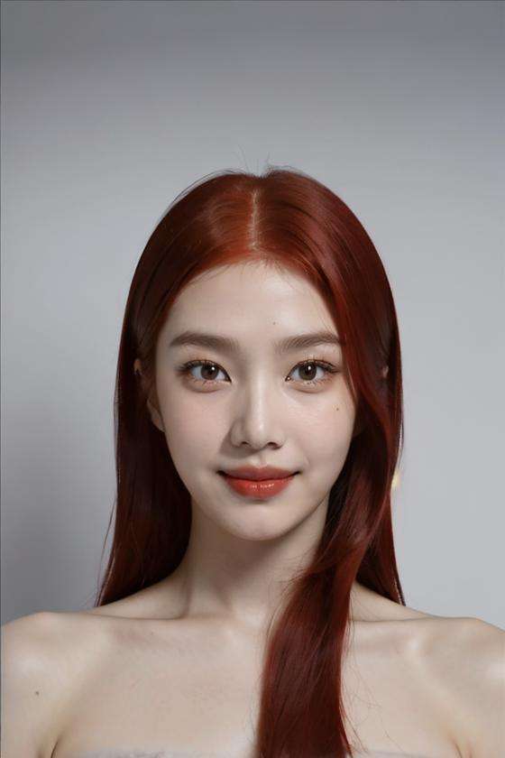 (masterpiece, top quality, best quality, (close-up photograph: 2), ((1girl)), korean, slim face, fair skin, (extremely detailed face), ((looking at viewer)), (ultra-detailed eyes and pupils), ((bare pectorals)), ((bare chest)), ((tube dress)), bare head, ((bare shoulders)), symmetrical frame, ((strapless)), (((smile))), ((closed mouth)), ((symmetrical pose)), (symmetrical face: 1.6), 35mm, minimal plain white background, (((sidepart red hair))), dim lighting, no watermark <lora:joylorashy:0.85>