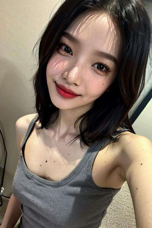 1girl,(masterpiece:1.2), (best quality:1.2), (extremely detailed), selfie from center front, (extremely detailed face), ultra-detailed eyes and pupils, broad shoulder, (ultra detailed), 8k, photorealistic, pretty face, smile, instagram shot, instagram style, in the bedroom, looking at viewer, facing front, smiling, perfect skin, cinematic lighting, fair skin, black hair, black eyes, portrait photo, slender, no makeup, nikon RAW photo, 8k ,Fujifilm XT3, photorealistic, detailed face, fair skin, perfect shape, slim face, indoors, dim lighting, sleeveless, (looking at viewer:1.2), <lora:joylorashy:1>