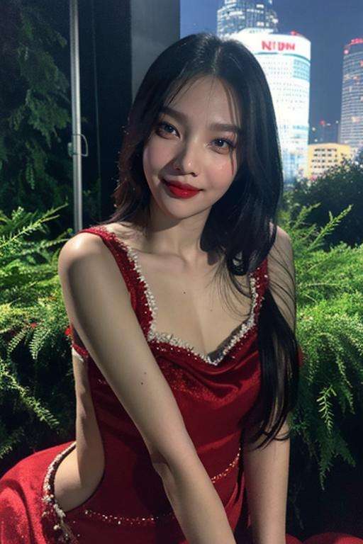 nikon RAW photo,8 k,Fujifilm XT3,close up photo, masterpiece, best quality, 1girl,solo,realistic, photorealistic, (extremely detailed face), ultra-detailed eyes and pupils, looking at viewer,  ultra detailed, serious expression, slender figure, standing against a city skyline at night, ((tight red velvet dress)), (((night))),  sleeveless, tiny waist, big hip, (smile),  <lora:joylorashy:1>