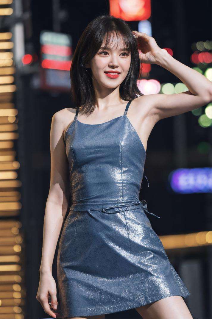 nikon RAW photo,8 k,Fujifilm XT3,close up photo, masterpiece, best quality, 1girl,solo,realistic, photorealistic, (extremely detailed face), ultra-detailed eyes and pupils, looking at viewer, ultra detailed, serious expression, slender figure, standing against a city skyline at night, (tight dress), sleeveless, tiny waist, big hip, smile, perfect hands, holding can, <lora:wendylorashy:1>