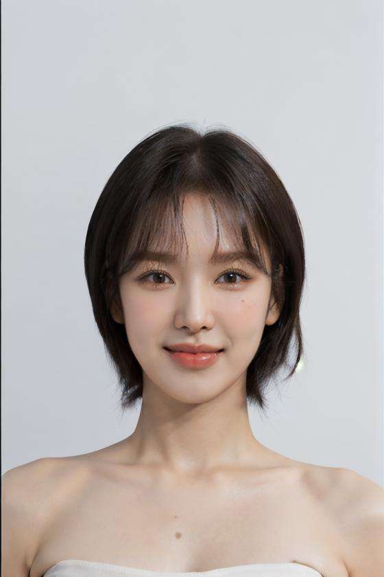 (masterpiece, top quality, best quality, (close-up photograph: 2), ((1girl)), ((korean)), wide face, fair skin, (extremely detailed face), ((looking at viewer)), (ultra-detailed eyes and pupils), (ultra-detailed eyelashes), ((bare pectorals)), ((bare chest)), ((tube dress)), bare head, ((bare shoulders)), symmetrical frame, (((strapless))), (((wide teeth smile))), (((squinch eyes))),((symmetrical pose)), (symmetrical face: 1.6), 35mm, (((plain white background))), direct lighting, no watermark, ((brown hair)), <lora:wendylorashy:1>