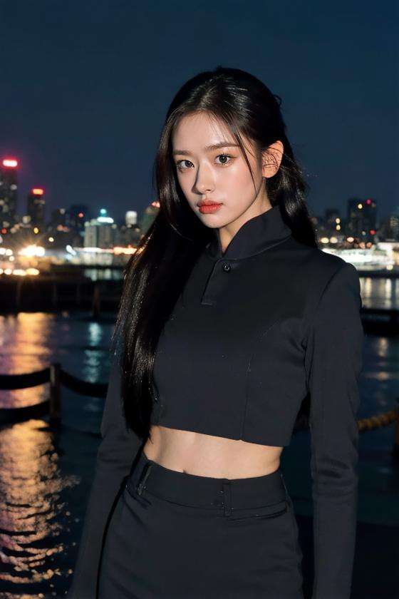 nikon RAW photo,8 k,Fujifilm XT3,close up photo, masterpiece, best quality, 1girl,solo,realistic, photorealistic, ((looking at viewer)),  (extremely detailed face), ((ultra-detailed eyes and pupils)), ultra detailed, high ponytail, serious expression, slender figure, standing against a city skyline at night, business suits,shirts,Suit skirt, ((abs)), <lora:yujinlorashy:1>