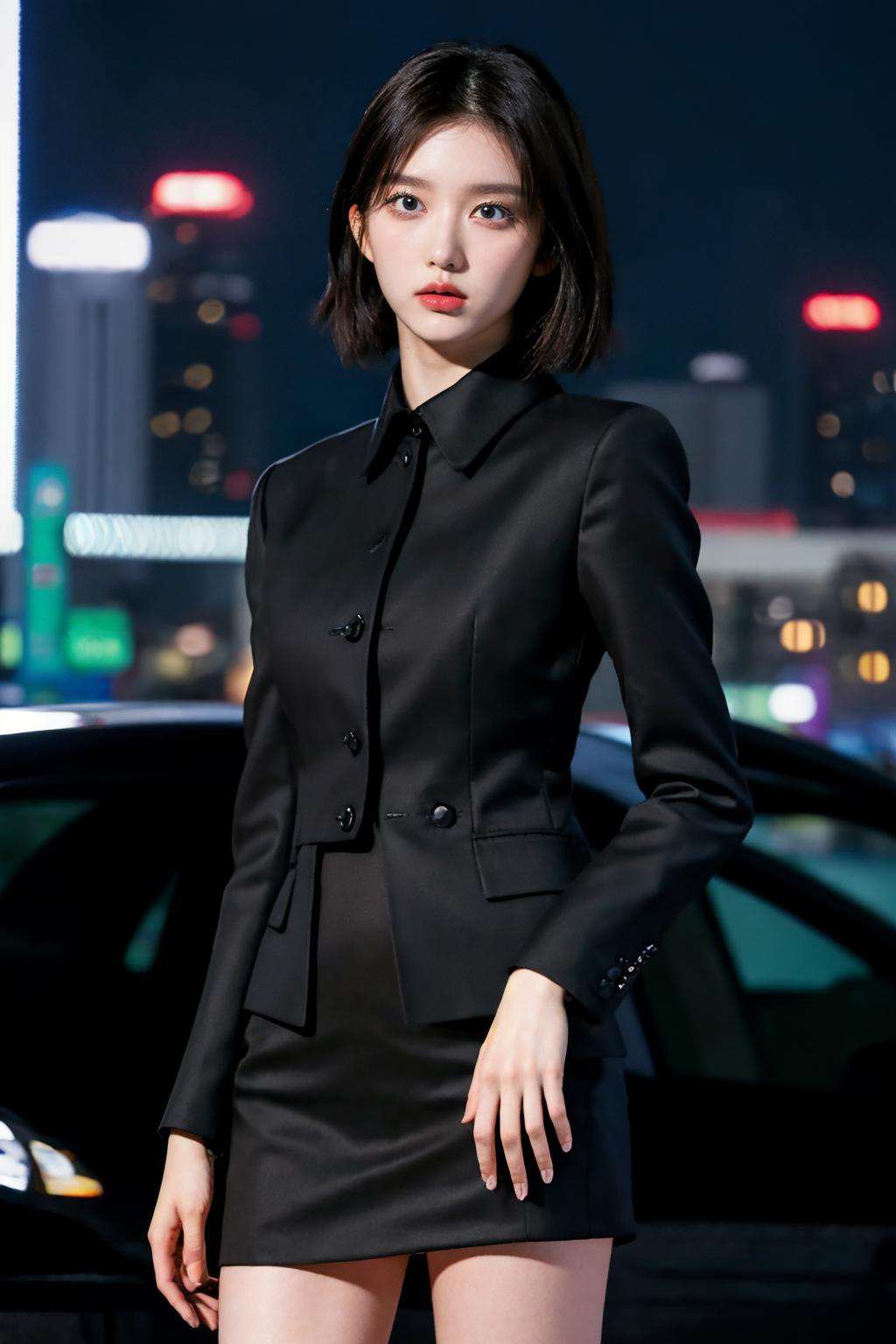 1girl,solo,realistic, photorealistic, (extremely detailed face), (((looking at viewer))), ((ultra-detailed eyes and pupils)), ultra detailed, serious expression, slender figure, standing against a city skyline at night, business suits, shirt,short hair, <lora:gaeullorashy:1>