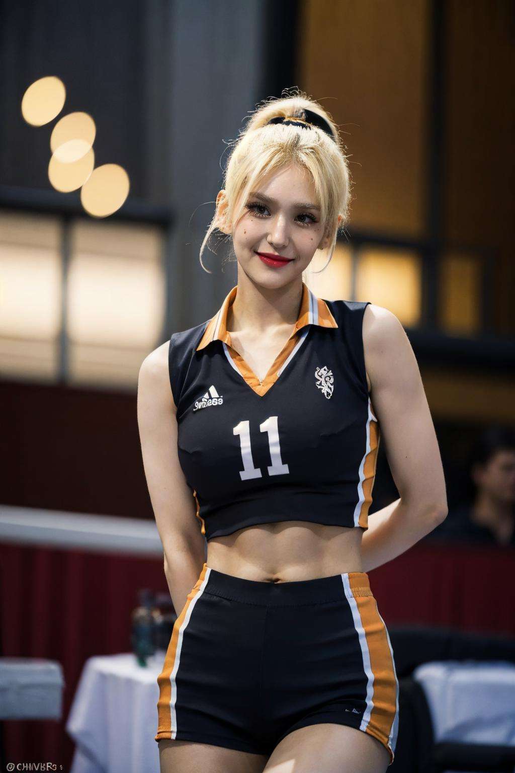 1girl, volleyball uniform, smile, holding volleyball,  narrow waist, thighs, wide hips,eyeliner, eyelashes, perfect face, detailed eyes, facial lighting, bokeh, indoor stadium, audience,sleeveless, crop top, ((abs)), Looking at viewer(masterpiece, high quality:1.2), blonde, arms behind back, bare face,  <lora:somilorashy:1> <lora:haikyuu:0.5>