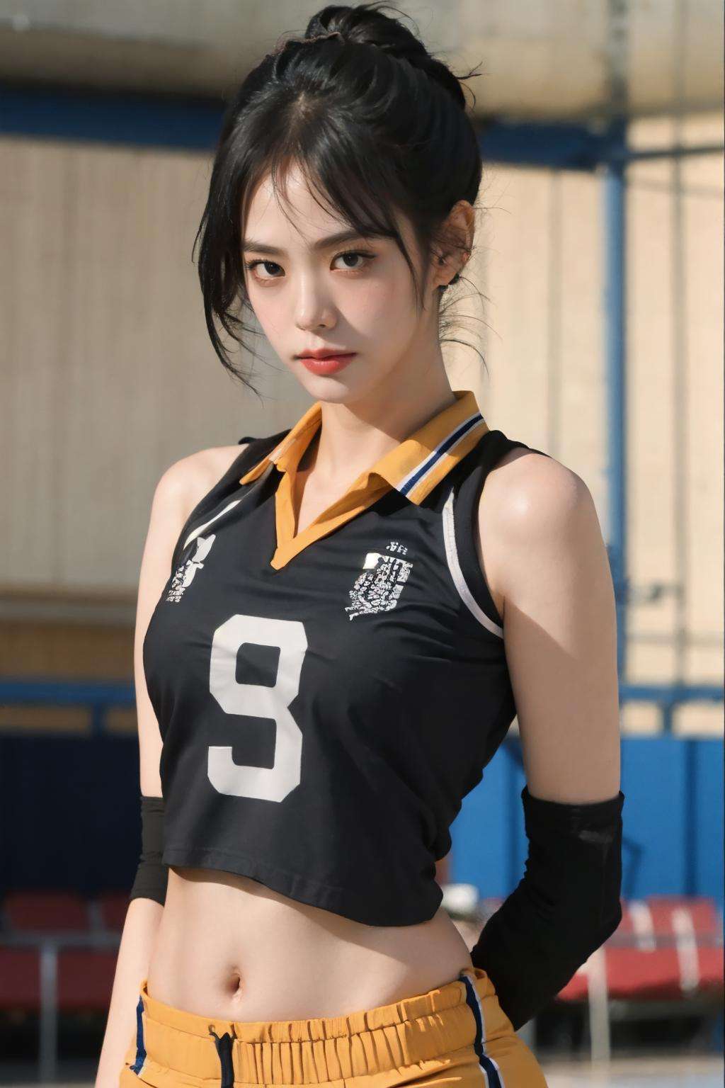 1girl, volleyball uniform, slim face, tall figure, slender, broad shoulder, eyeliner, eyelashes, perfect face, perfect skin, ((ultra-detailed eyes)), dim lighting, bokeh, ((indoor stadium)), audience, ((midriff)), sleeveless, (masterpiece, high quality:1.2), arms arms behind back, bare face, ((closed mouth)), (((black jersey))), sport attire, ((low saturated)), (low contrast), <lora:haikyuu:1> <lora:jisoolorashy:1>