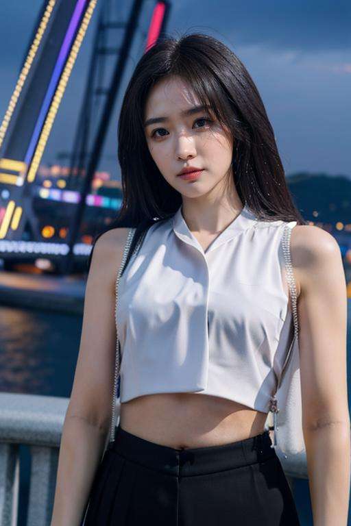 Fujifilm XT3, 8k,close up photo, masterpiece, best quality, (((1girl))), solo,realistic, ((looking at viewer)), photorealistic, (extremely detailed face), looking at viewer, ultra-detailed eyes and pupils, ultra detailed, serious expression, standing against a city skyline at night, cropped top,shirts, Suit skirt, ((navel)), <lora:eunjunglorashy:1>