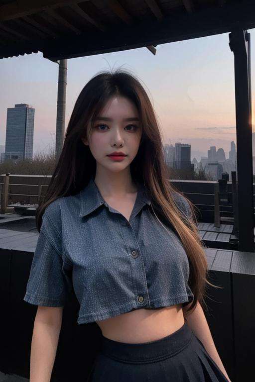 Fujifilm XT3, 8k,close up photo, masterpiece, best quality, (((1girl))), solo,realistic, ((looking at viewer)), photorealistic, (extremely detailed face), looking at viewer, ultra-detailed eyes and pupils, ultra detailed, serious expression, standing against a city skyline at night, cropped top,shirts, Suit skirt, ((navel)), <lora:qrilorashy:1>