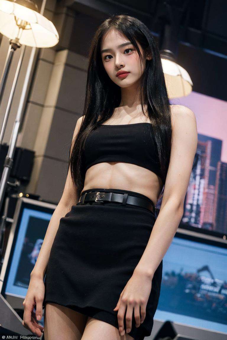 Fujifilm XT3, 8k,close up photo, masterpiece, best quality, (((1girl))),solo,realistic, ((looking at viewer)),  photorealistic, (extremely detailed face), looking at viewer, ultra-detailed eyes and pupils, ultra detailed, serious expression, slender figure, standing against a city skyline at night, business suits,shirts,Suit skirt, navel, (((abs))), <lora:minjilorashy:1>