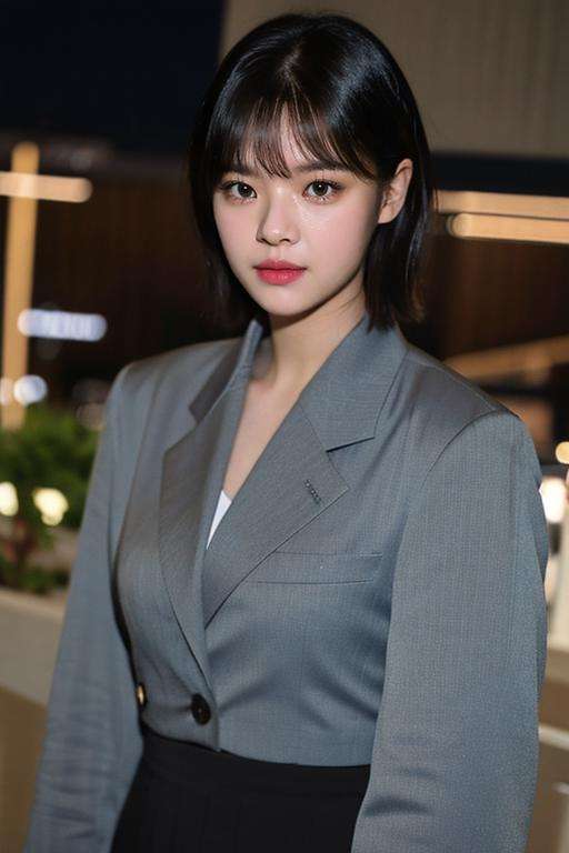 nikon RAW photo,8 k,Fujifilm XT3,close up photo, masterpiece, best quality, 1girl,solo,realistic, photorealistic, (extremely detailed face), looking at viewer, ultra-detailed eyes and pupils, ultra detailed, medium short hair, serious expression, standing against a city skyline at night, business suits,shirts,Suit skirt,<lora:jeongyeonlorashy:1>