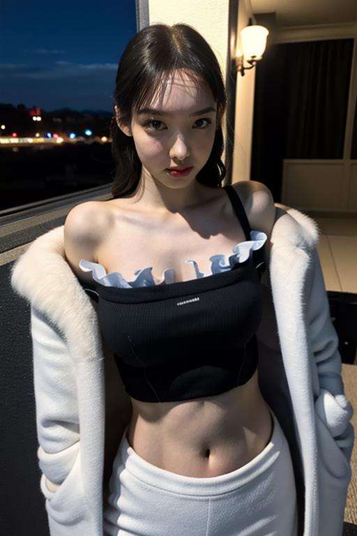 Fujifilm XT3, 8k,close up photo, masterpiece, best quality, (broad shoulder), (((1girl))),solo,realistic, ((looking at viewer)), photorealistic, (extremely detailed face), looking at viewer, ((ultra-detailed eyes and pupils)), ultra detailed, serious expression, standing against a city skyline at night, cropped top,shirts,Suit skirt,  ((navel)), <lora:nayeonlorashy:1>