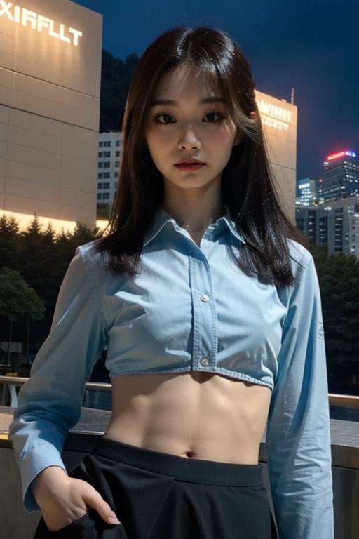 Fujifilm XT3, 8k,close up photo, masterpiece, best quality, (((1girl))),solo,realistic, ((looking at viewer)), photorealistic, (extremely detailed face), looking at viewer, ultra-detailed eyes and pupils, ultra detailed, serious expression, slender figure, standing against a city skyline at night, cropped top,shirts,Suit skirt, ((navel)), ((abs)),  <lora:tzuyulorashy:0.85>