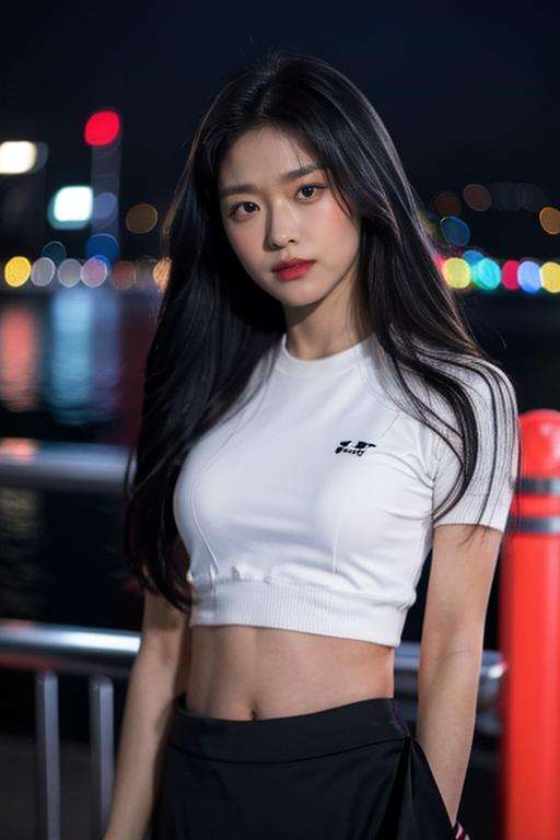 Fujifilm XT3, 8k,close up photo, masterpiece, best quality, (((1girl))), solo,realistic, ((looking at viewer)), photorealistic, (extremely detailed face), looking at viewer, ultra-detailed eyes and pupils, ultra detailed, serious expression, standing against a city skyline at night, cropped top,shirts, Suit skirt, ((navel)), <lora:seolhyunlorashy:1>