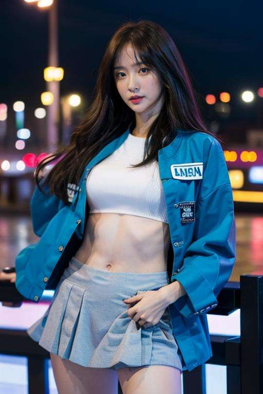 Fujifilm XT3, 8k,close up photo, masterpiece, best quality, (((1girl))), tall figure, solo,realistic, ((looking at viewer)), photorealistic, (extremely detailed face), looking at viewer, ultra-detailed eyes and pupils, ultra detailed, serious expression, standing against a city skyline at night, cropped top,shirts, Suit skirt, ((navel)), <lora:hanilorashy:1>