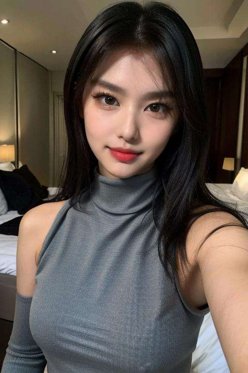 1girl,(masterpiece:1.2), (best quality:1.2), (extremely detailed), selfie from center front, (extremely detailed face), ((ultra-detailed eyes and pupils)), (ultra detailed), 8k, photorealistic, pretty face, smile, instagram shot, instagram style, in the bedroom, looking at viewer, facing front, perfect skin, cinematic lighting, black eyes, upper body, portrait photo, no makeup, nikon RAW photo, 8k ,Fujifilm XT3, photorealistic, detailed face, fair skin, perfect shape, indoors, dim lighting, (looking at viewer:1.2), turtle neck, armpit, <lora:ahinlorashy:1>