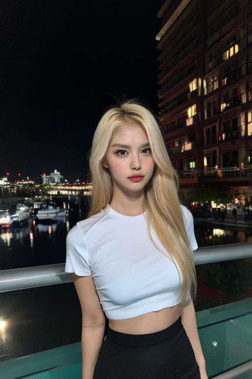 Fujifilm XT3, 8k,close up photo, masterpiece, best quality, (((1girl))), solo,realistic, ((looking at viewer)), photorealistic, (extremely detailed face), looking at viewer, ultra-detailed eyes and pupils, ultra detailed, serious expression, standing against a city skyline at night, cropped top, business shirts, Suit skirt, ((navel)), blonde hair, arms behind back, <lora:ahinlorashy:1>