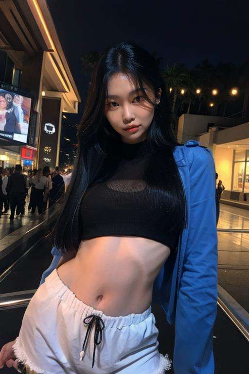 Fujifilm XT3, 8k,close up photo, masterpiece, best quality, (((1girl))), solo,realistic, flat chest, ((looking at viewer)), photorealistic, (extremely detailed face), looking at viewer, ultra-detailed eyes and pupils, ultra detailed, serious expression, standing against a city skyline at night, cropped top, ((business shirts)), shorts, ((navel)), long hair, <lora:hyebinlorashy:1>