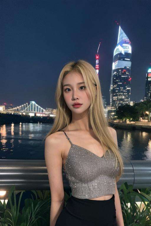 Fujifilm XT3, 8k,close up photo, masterpiece, best quality, (((1girl))), solo,realistic, ((looking at viewer)), photorealistic, (extremely detailed face), looking at viewer, ultra-detailed eyes and pupils, ultra detailed, serious expression, standing against a city skyline at night, cropped top, business shirts, Suit skirt, ((navel)), blonde hair, arms behind back, <lora:jooelorashy:1>