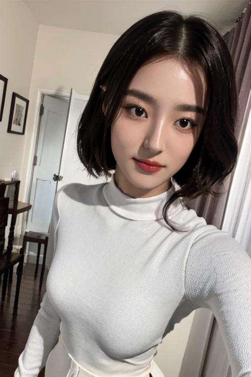1girl,(masterpiece:1.2), (best quality:1.2), (extremely detailed), selfie from center front, (extremely detailed face), ((ultra-detailed eyes and pupils)), (ultra detailed), 8k, photorealistic, pretty face, smile, instagram shot, instagram style, in the bedroom, looking at viewer, facing front, perfect skin, cinematic lighting, black eyes,portrait photo, no makeup, nikon RAW photo, 8k ,Fujifilm XT3, photorealistic, detailed face, fair skin, perfect shape, indoors, dim lighting, (looking at viewer:1.2), turtle neck, <lora:nancylorashy:1>