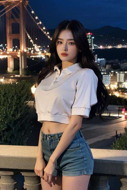 Fujifilm XT3, 8k,close up photo, masterpiece, best quality, (((1girl))), solo,realistic, flat chest, ((looking at viewer)), photorealistic, (extremely detailed face), looking at viewer, ultra-detailed eyes and pupils, ultra detailed, serious expression, standing against a city skyline at night, cropped top, ((business shirts)), shorts, ((navel)), long hair, big ass,  <lora:nancylorashy:1>