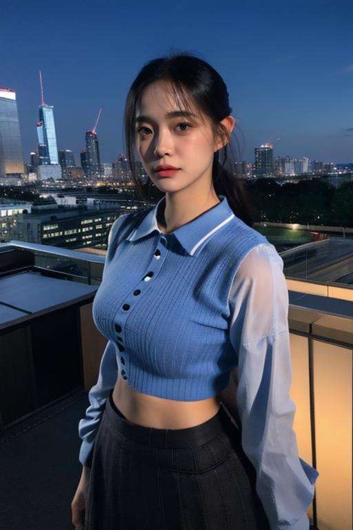 Fujifilm XT3, 8k,close up photo, masterpiece, best quality, (((1girl))), solo,realistic, ((looking at viewer)), photorealistic, (extremely detailed face), looking at viewer, ((ultra-detailed eyes and pupils)), ultra detailed, serious expression, cropped top,shirts, (standing against a city skyline at night), (rooftop), Suit skirt, ((navel)), arms behind back,<lora:sejeonglorashy:1>