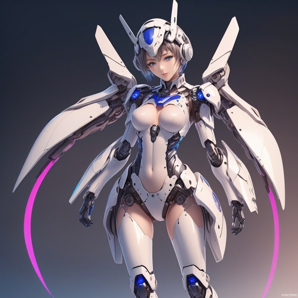 neonpunk style  <lora:neon机甲:0.55>，1girl, android, arms at sides, blue eyes, breasts, covered navel, ddia6-mecha, from above, full body, gradient, gradient background, high heels, looking at viewer, mecha musume, mechanical arms, medium breasts, painting, robot joints, shadow, short hair, skin tight, solo, standing . cyberpunk, vaporwave, neon, vibes, vibrant, stunningly beautiful, crisp, detailed, sleek, ultramodern, magenta highlights, dark purple shadows, high contrast, cinematic, ultra detailed, intricate, professional