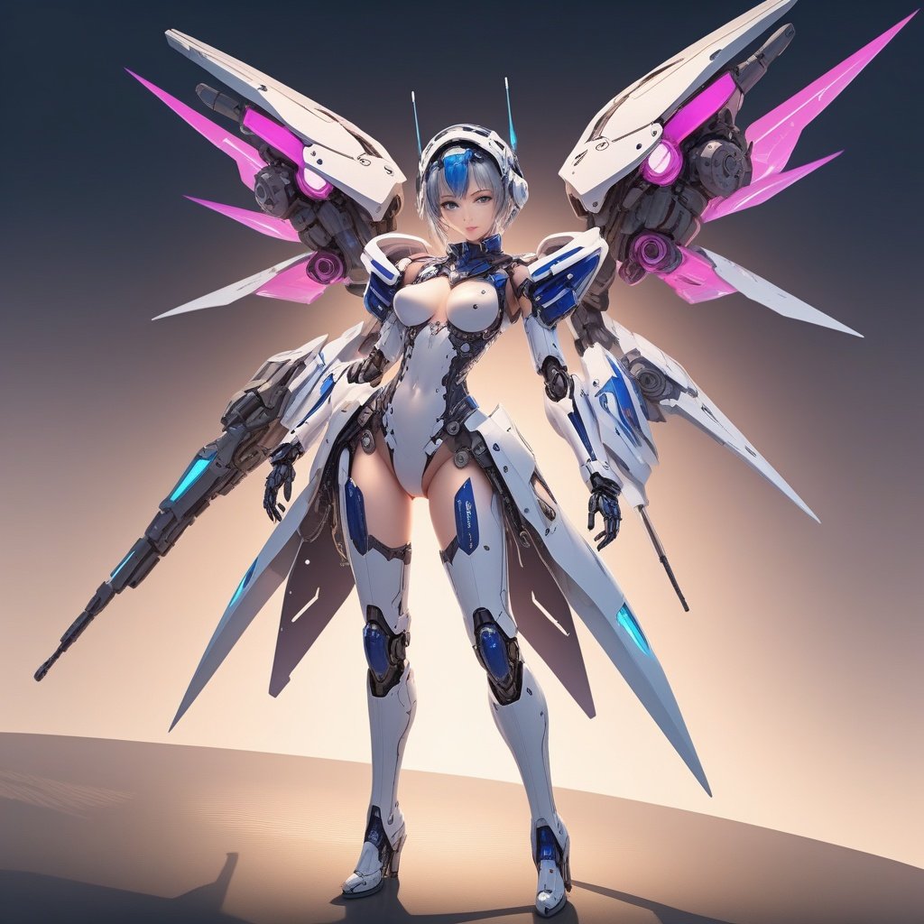 neonpunk style  <lora:neon机甲:0.55>，1girl, android, arms at sides, blue eyes, breasts, covered navel, ddia6-mecha, from above, full body, gradient, gradient background, high heels, looking at viewer, mecha musume, mechanical arms, medium breasts, painting, robot joints, shadow, short hair, skin tight, solo, standing . cyberpunk, vaporwave, neon, vibes, vibrant, stunningly beautiful, crisp, detailed, sleek, ultramodern, magenta highlights, dark purple shadows, high contrast, cinematic, ultra detailed, intricate, professional