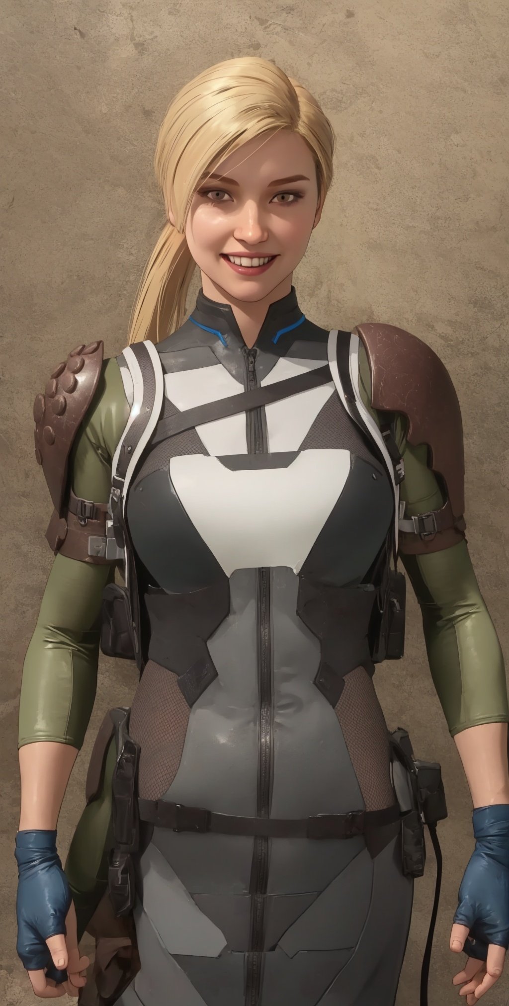 Cassie,blonde hair,solo,ponytail,brown eyes,fingerless gloves,armor,bodysuit, cowboy shot, 
standing, smile, upper body, barracks, 
(insanely detailed, beautiful detailed face, masterpiece, best quality), 