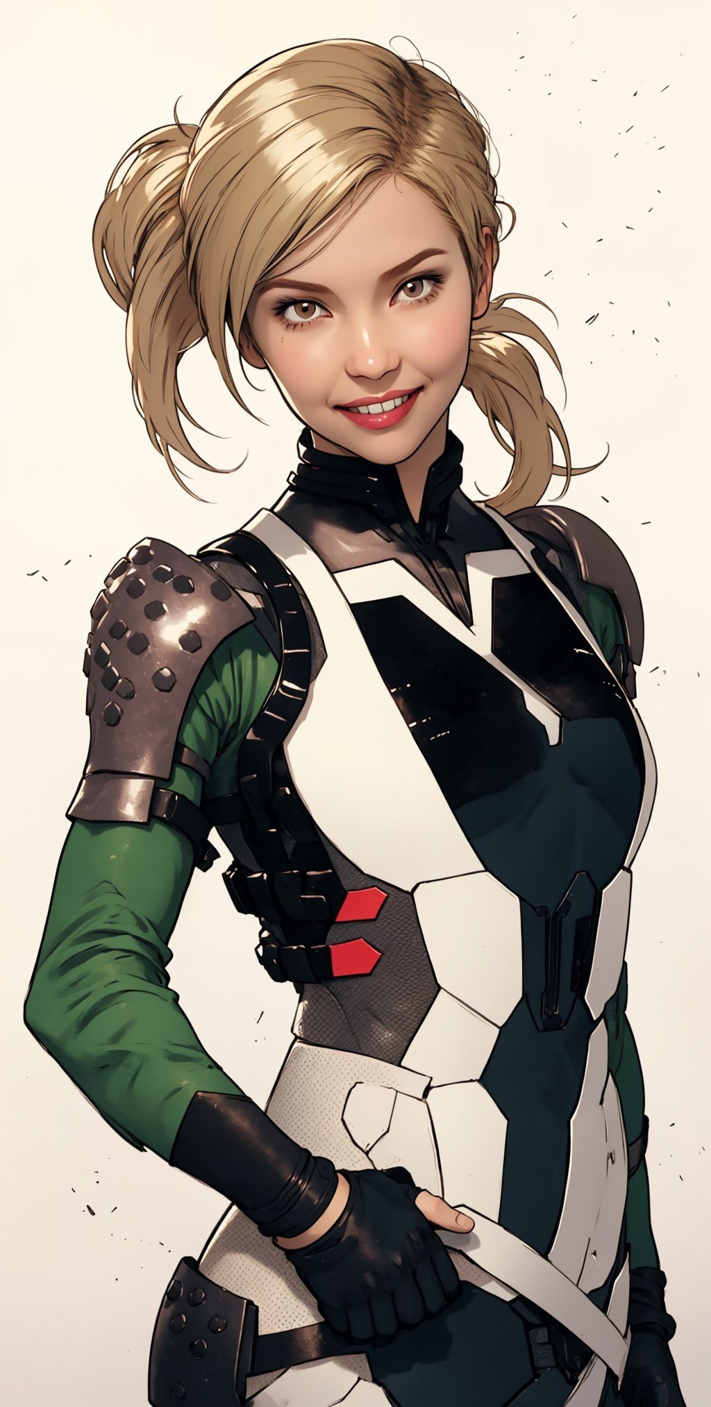 Cassie,blonde hair,solo,ponytail,brown eyes,fingerless gloves,armor,bodysuit, cowboy shot, 
standing, smile, upper body, barracks, 
(insanely detailed, beautiful detailed face, masterpiece, best quality), ,twitch emoji,inksketch,Comic Art Style,Niji Kei