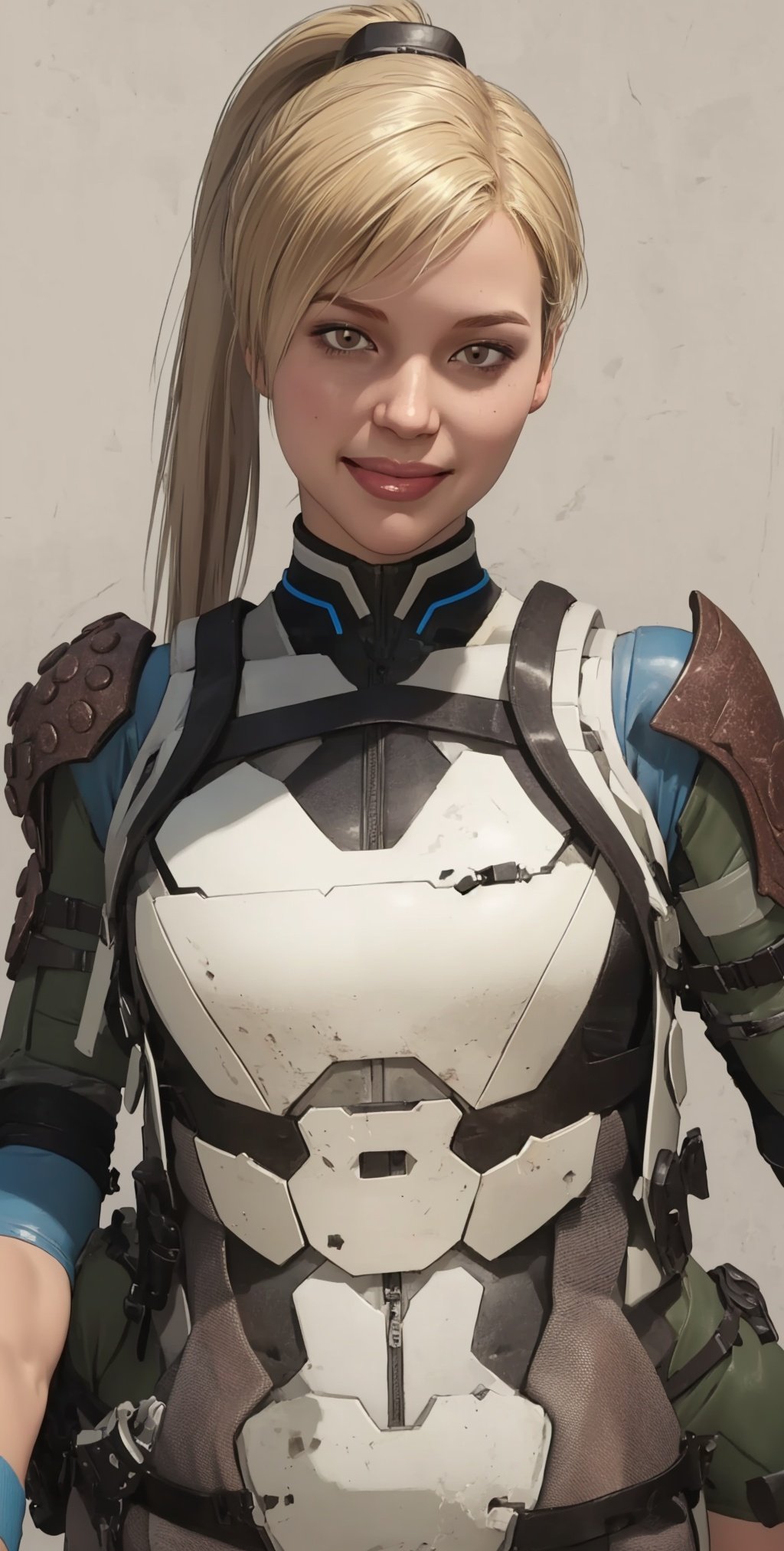 Cassie,blonde hair,solo,ponytail,brown eyes,fingerless gloves,armor,bodysuit, cowboy shot, 
standing, smile, upper body, barracks, 
(insanely detailed, beautiful detailed face, masterpiece, best quality), ,