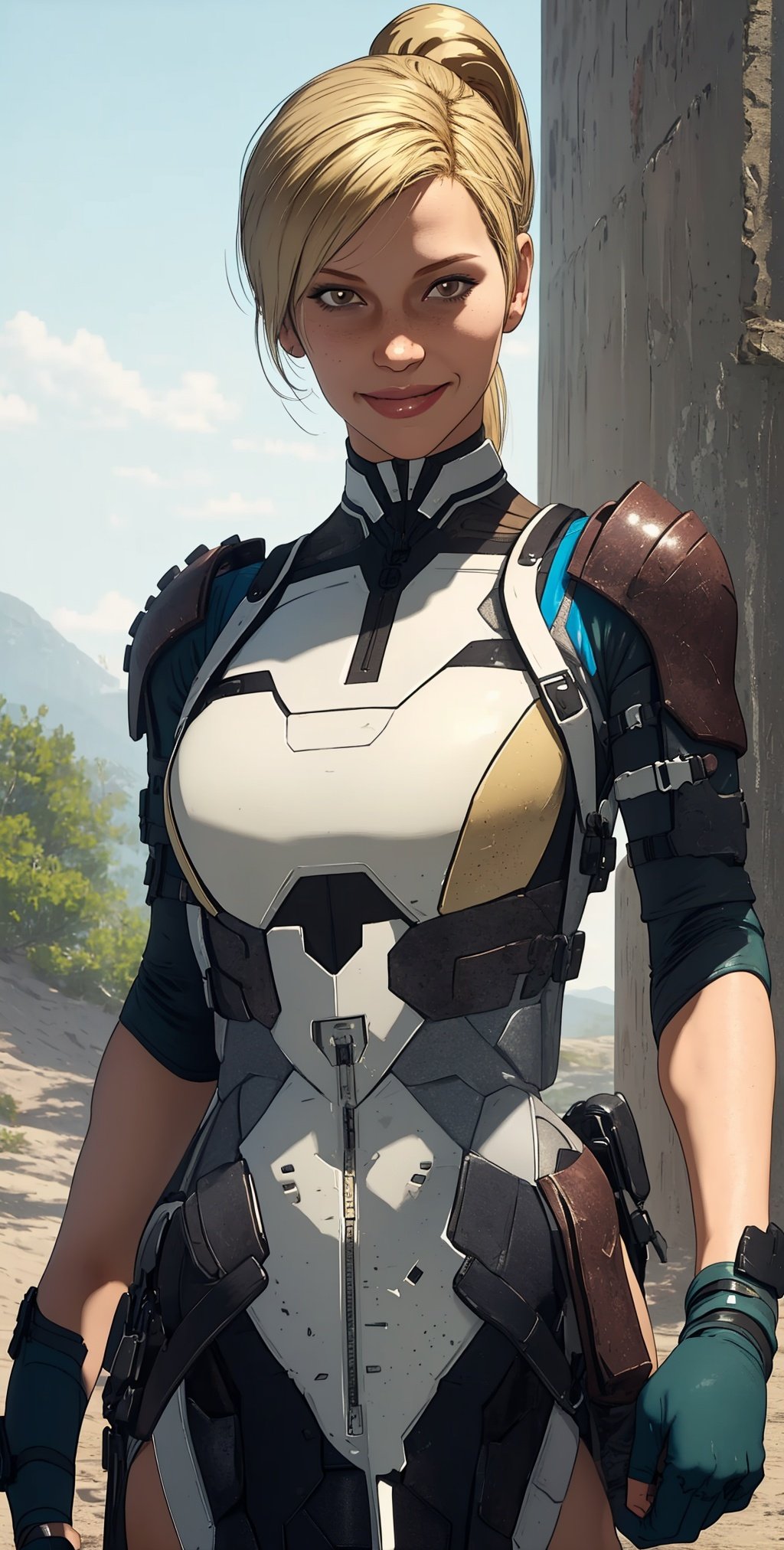 Cassie,blonde hair,solo,ponytail,brown eyes,fingerless gloves,armor,bodysuit, cowboy shot, 
standing, smile, upper body, barracks, 
(insanely detailed, beautiful detailed face, masterpiece, best quality), 