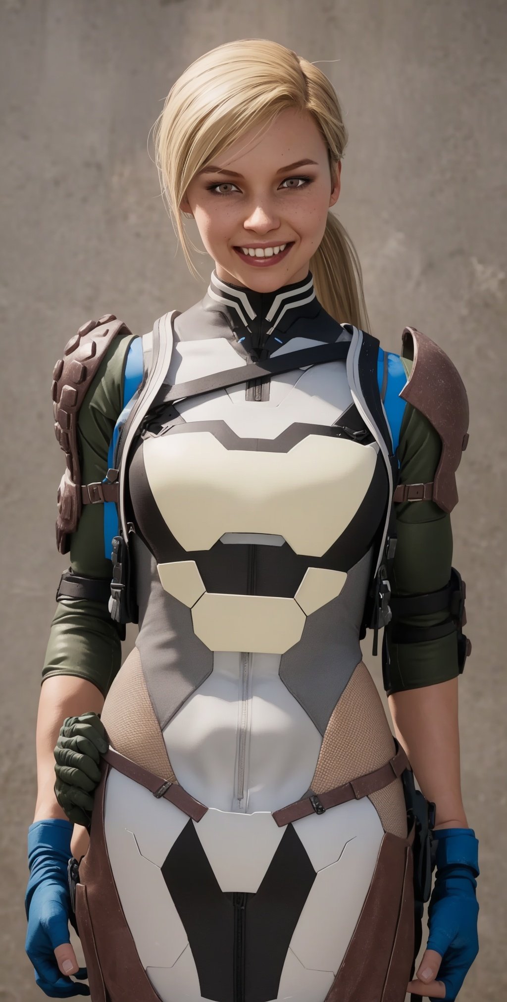 Cassie,blonde hair,solo,ponytail,brown eyes,fingerless gloves,armor,bodysuit, cowboy shot, 
standing, smile, upper body, barracks, 
(insanely detailed, beautiful detailed face, masterpiece, best quality), 