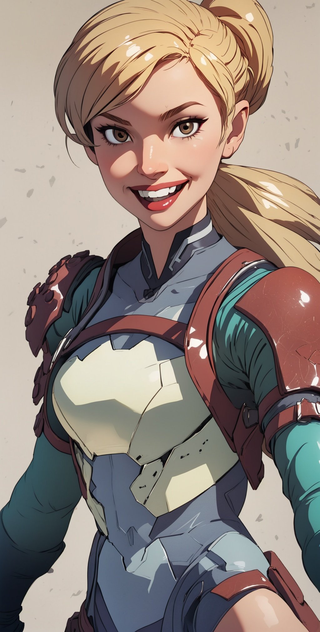 Cassie,blonde hair,solo,ponytail,brown eyes,fingerless gloves,armor,bodysuit, cowboy shot, 
standing, smile, upper body, barracks, 
(insanely detailed, beautiful detailed face, masterpiece, best quality), 