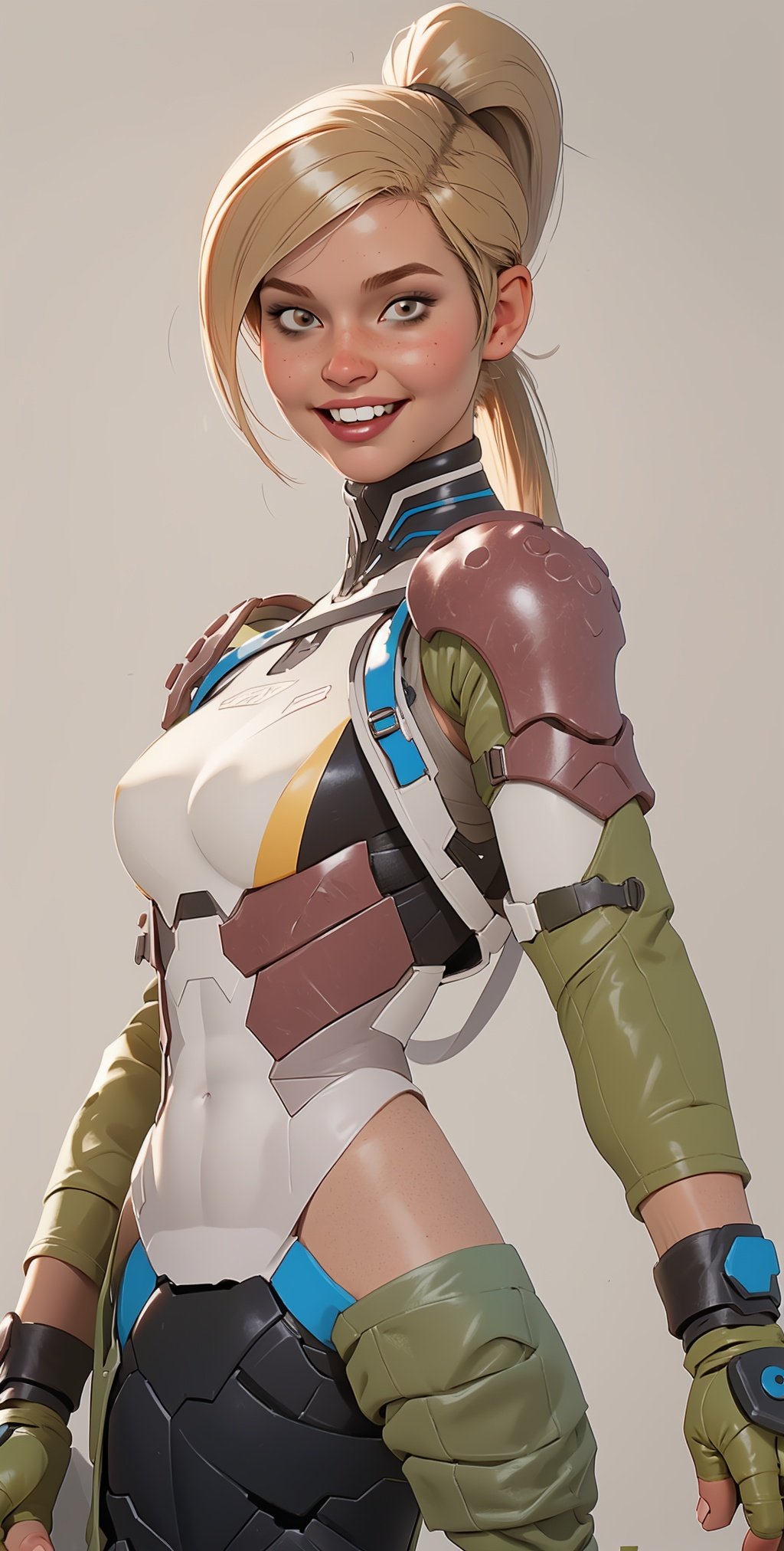 Cassie,blonde hair,solo,ponytail,brown eyes,fingerless gloves,armor,bodysuit, cowboy shot, 
standing, smile, upper body, barracks, 
(insanely detailed, beautiful detailed face, masterpiece, best quality), ,EnvyBeautyMix23