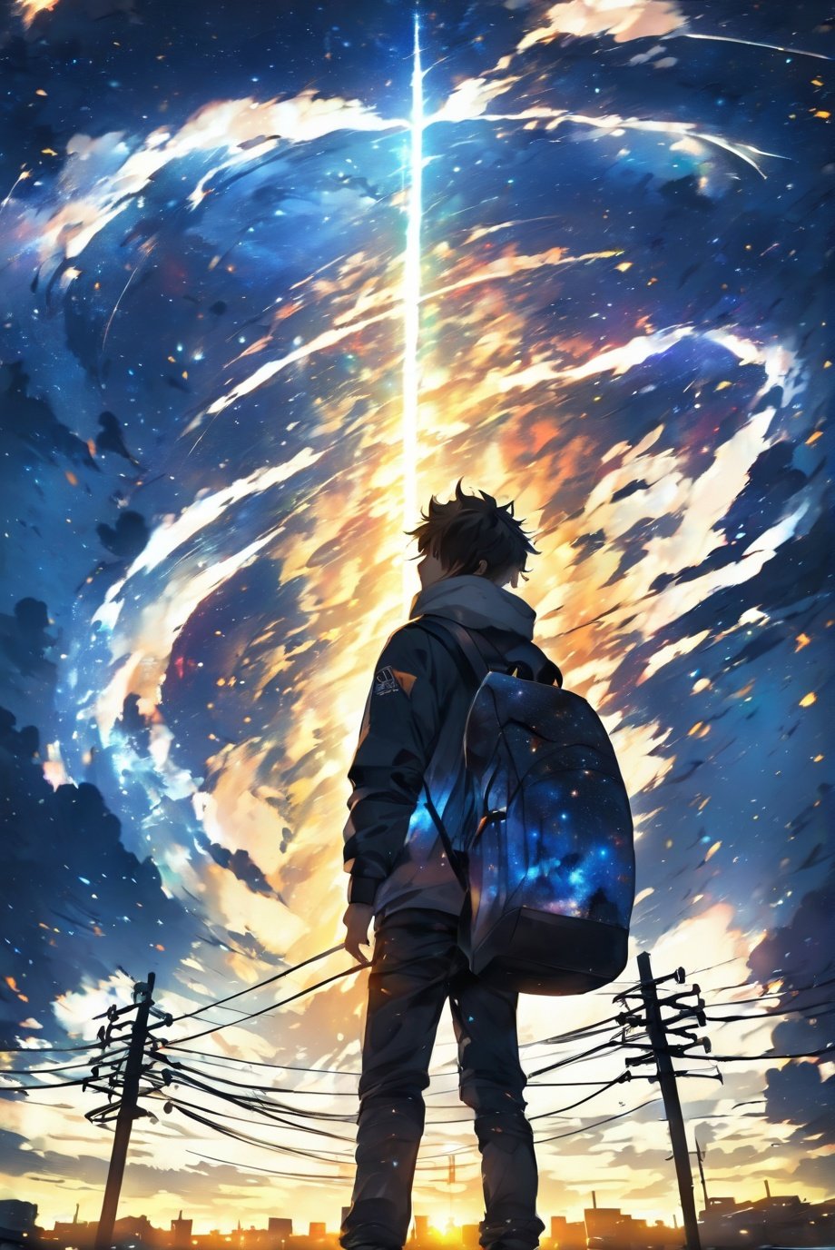 <lora:sdxl_EpicSky:1>, EpicSky, solo, short_hair, 1boy, standing, male_focus, outdoors, sky, cloud, bag, from_behind, night, cloudy_sky, building, star_(sky), night_sky, scenery, starry_sky, sunset, power_lines, utility_pole