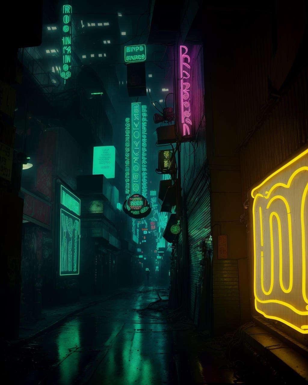 a neon sign on a building in a dark alley from  Blade Runner 1982,  apocalyptic, studio lighting, award winning photography, wide angle photo, high definition, realistic, epic, cinematic 3D rendering, insanely detailed, hyper-realistic, super detailed, realistic octane render, 8k