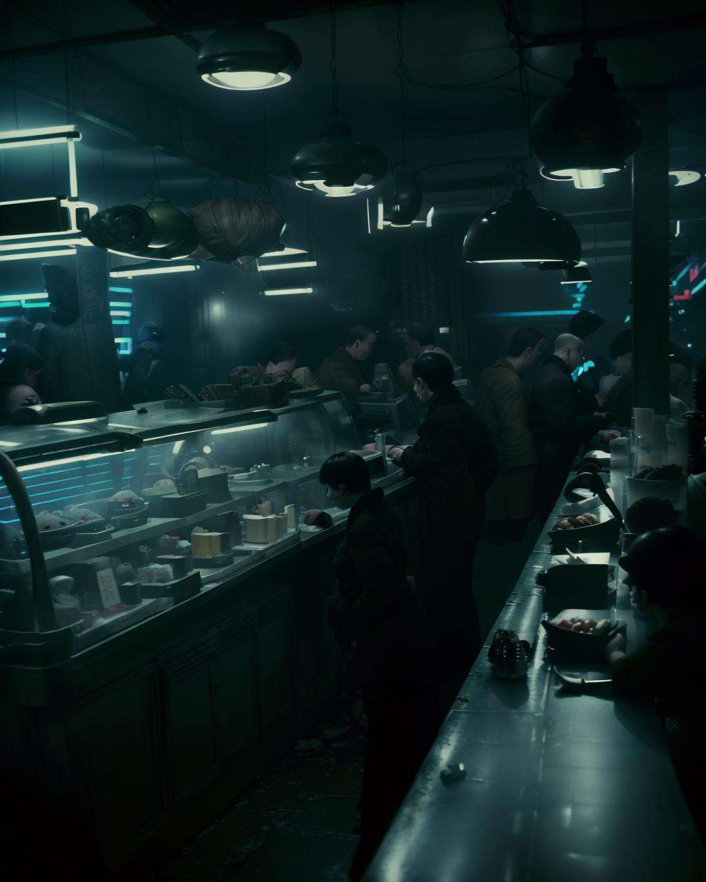 a group of people standing around a counter  inspired by Blade Runner 1982,  apocalyptic, studio lighting, award winning photography, wide angle photo, high definition, realistic, epic, cinematic 3D rendering, insanely detailed, hyper-realistic, super detailed, realistic octane render, 8k