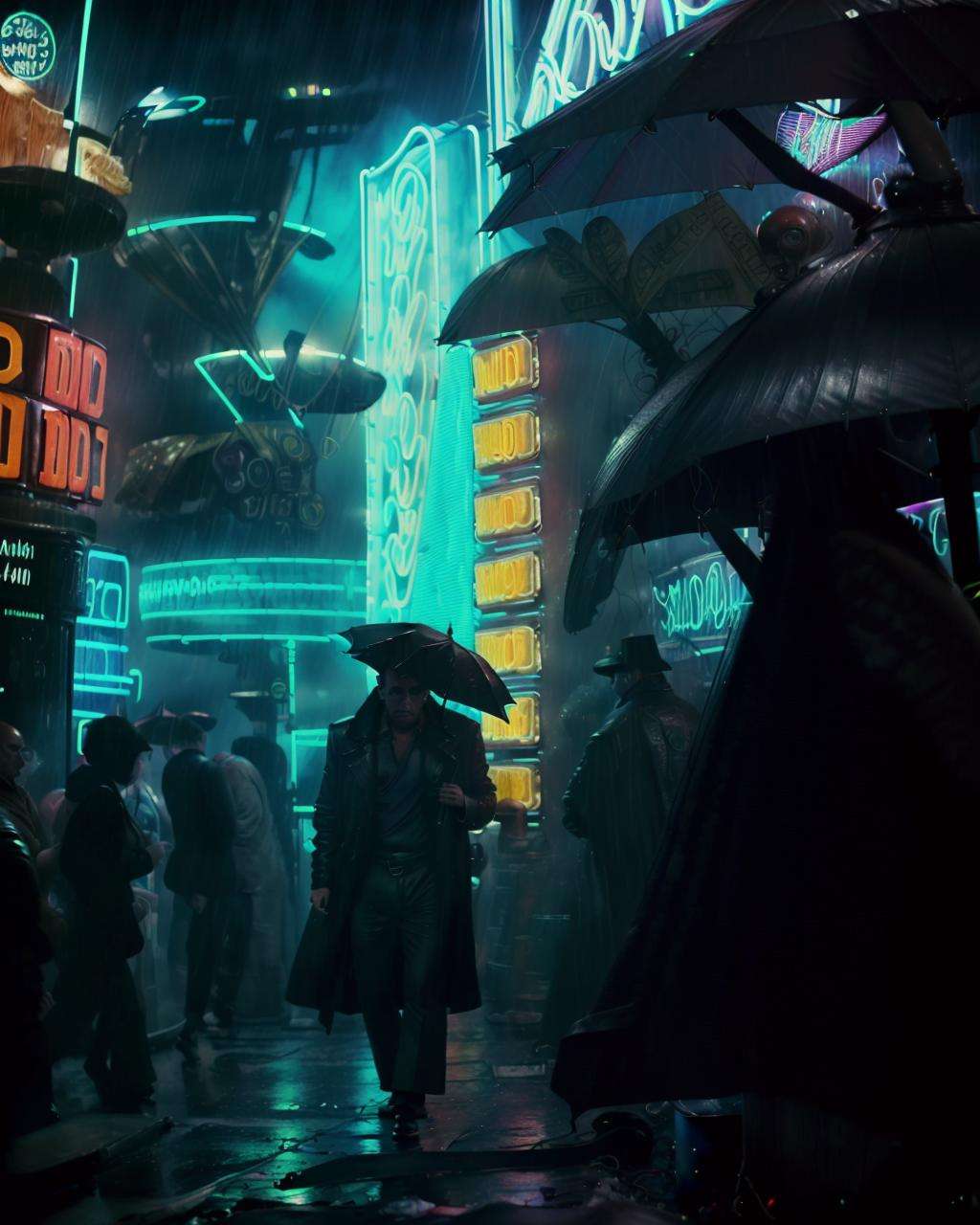 a man holding an umbrella in front of a neon sign from  Blade Runner 1982,  apocalyptic, studio lighting, award winning photography, wide angle photo, high definition, realistic, epic, cinematic 3D rendering, insanely detailed, hyper-realistic, super detailed, realistic octane render, 8k