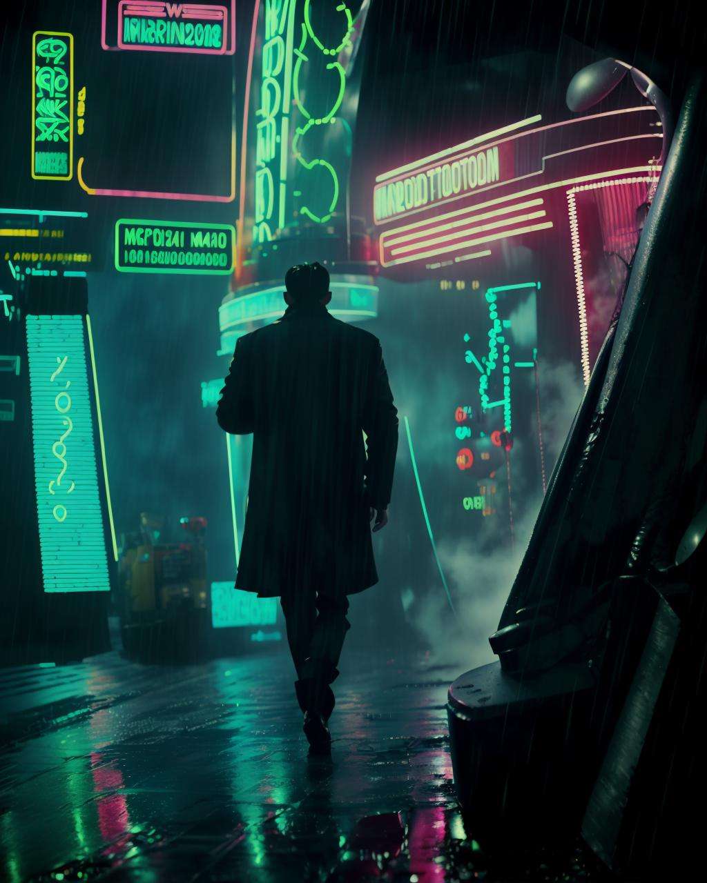 movie screencap of a a man under rain in front of a neon sign from Blade Runner 1982,  award winning photography, high definition, realistic,  cinematic, insanely detailed, hyper-realistic, super detailed, realistic octane render, 8k